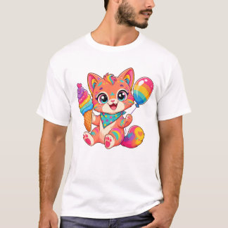 Colorful Cat With Ice Cream and Balloon T-Shirt