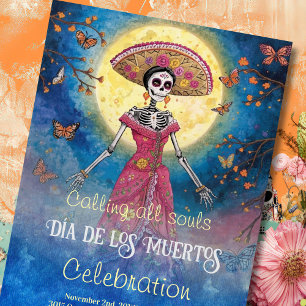 Colorful Catrina Under Full Moon Day of the Dead Invitation