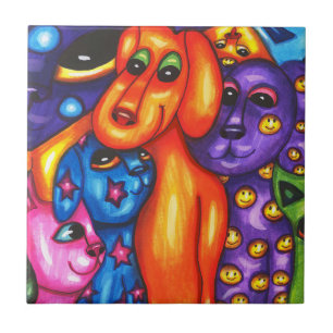 colorful cats and dogs abstract original art ceramic tile