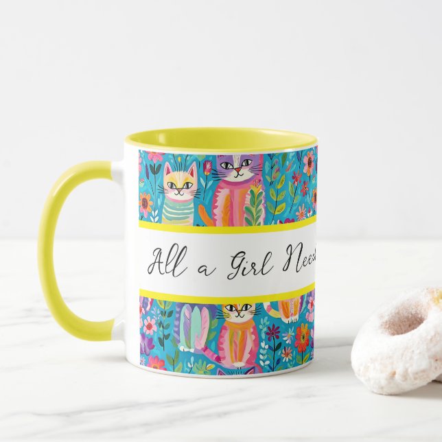 Colorful Cats and Flowers Whimsical Birthday Mug (With Donut)