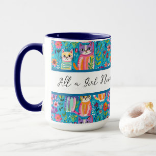 Colorful Cats and Flowers Whimsical Birthday Mug