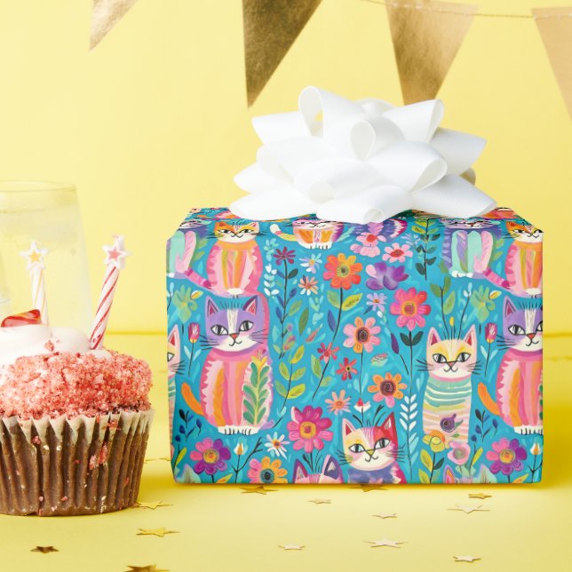 Colorful Cats and Flowers Whimsical Birthday Wrapping Paper (Birthday Party)