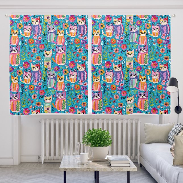 Colorful Cats and Flowers Whimsical  Blackout Curtains (Living Room)
