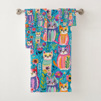 Colorful Cats and Flowers Whimsical Happy Bath Towel Set