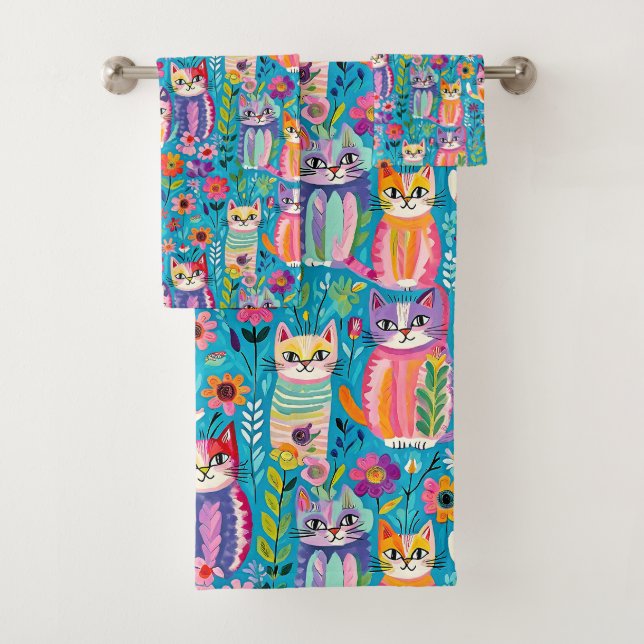 Colorful Cats and Flowers Whimsical Happy Bath Towel Set (Insitu)