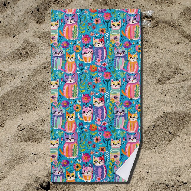 Colorful Cats and Flowers Whimsical Happy Beach Towel (Creator Uploaded)