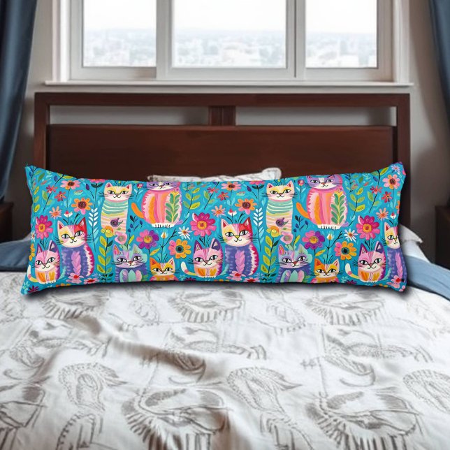 Colorful Cats and Flowers Whimsical Happy Body Pillow (Creator Uploaded)