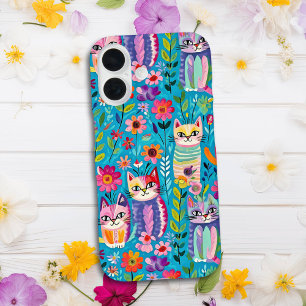 Colorful Cats and Flowers Whimsical Happy iPhone 16 Case