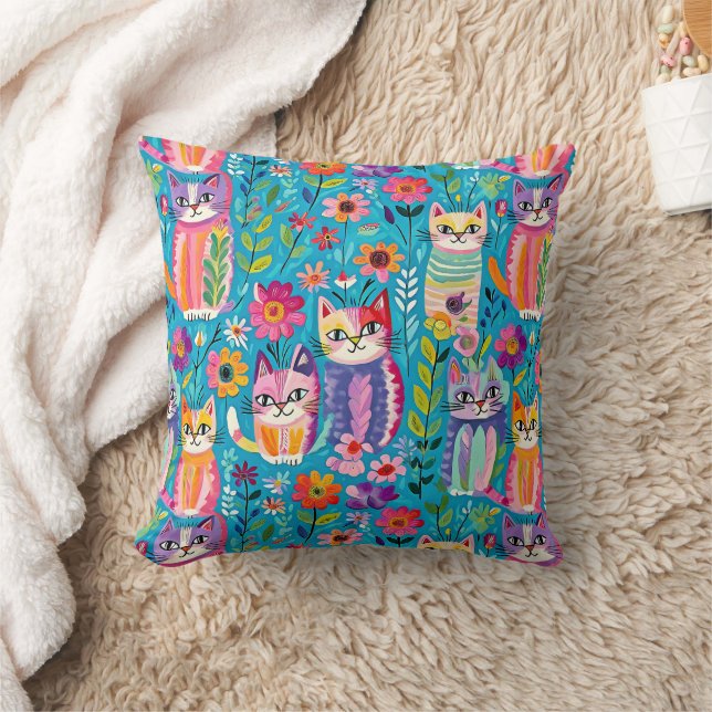 Colorful Cats and Flowers Whimsical Happy Throw Pillow (Blanket)