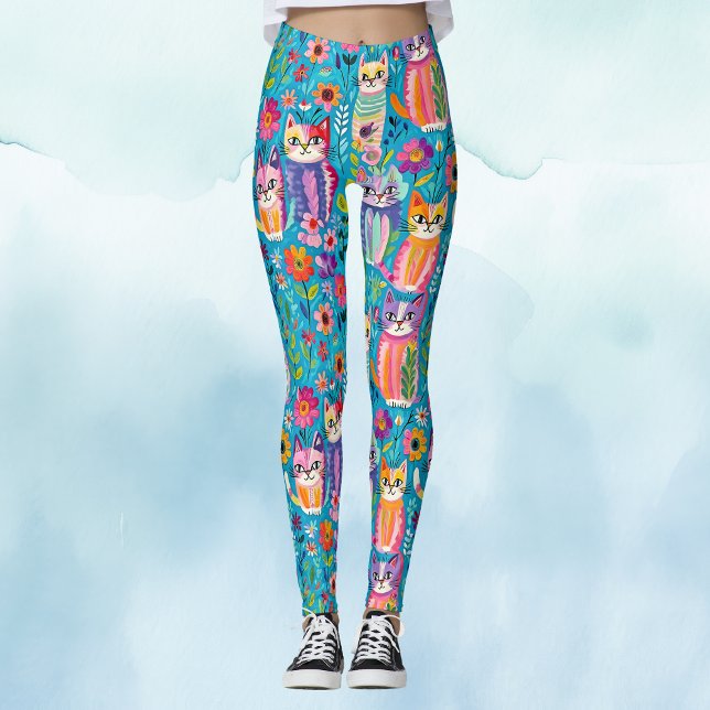 Colorful Cats and Flowers Whimsical  Leggings (Creator Uploaded)