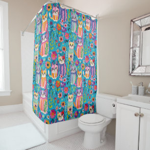 Colorful Cats and Flowers Whimsical Shower Curtain