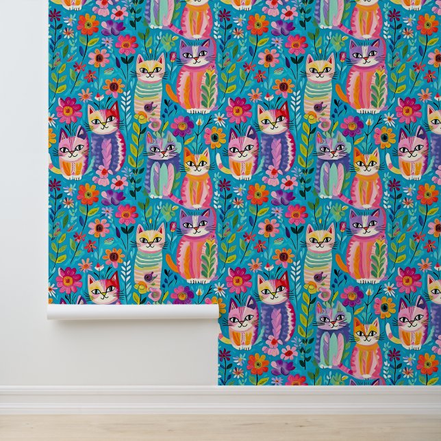 Colorful Cats and Flowers Whimsical  Wallpaper (Application)