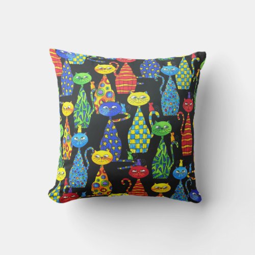 Colorful Cats and Mice Throw Pillow