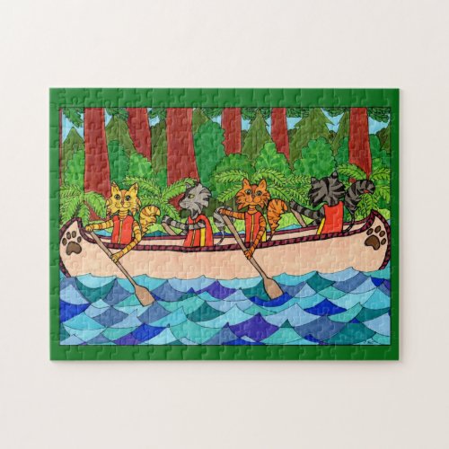 Colorful Cats Canoe River Forest Woodland Folk Art Jigsaw Puzzle