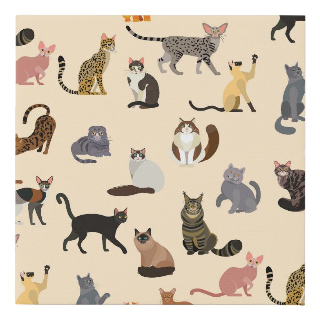 Colorful Cats: Different Breeds Pattern Faux Canvas Print (Front)