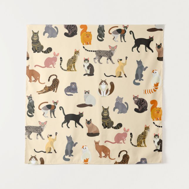 Colorful Cats: Different Breeds Pattern Tapestry (Front)