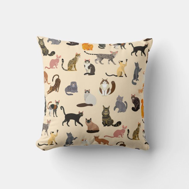 Colorful Cats: Different Breeds Pattern Throw Pillow (Front)