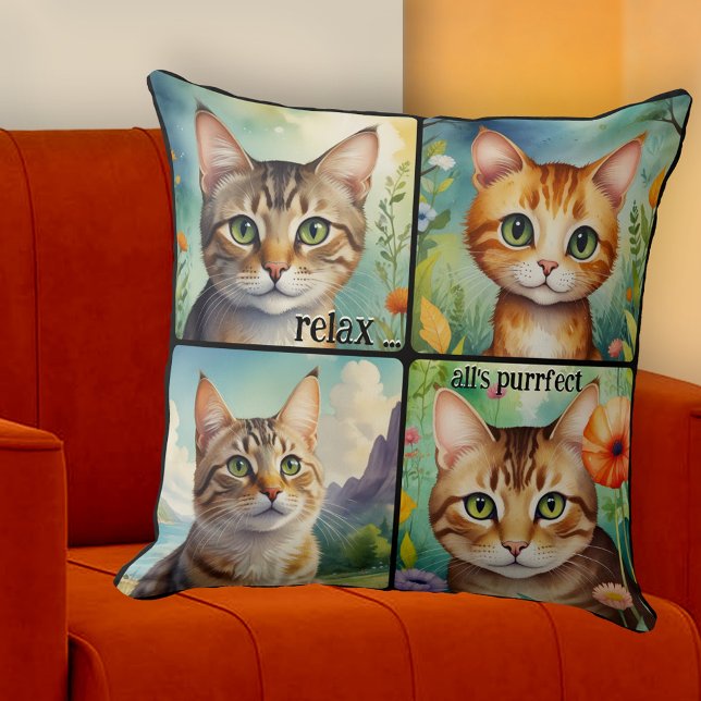 Colorful Cats Fun Artistic  Throw Pillow (Pillow featuring 4 colorful paintings of beautiful cats. A cheerful addition to any space)