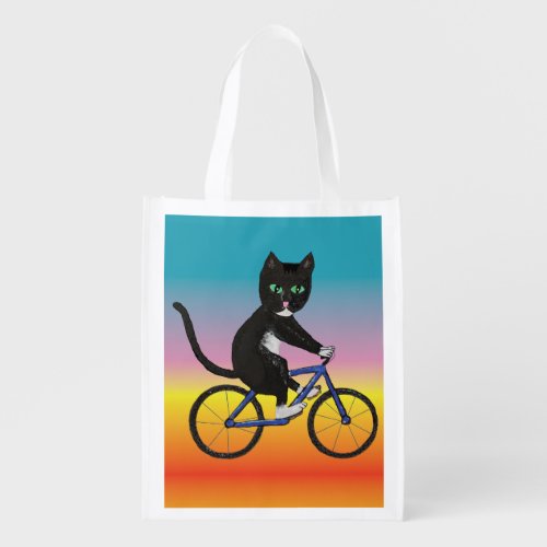 Colorful Cats on a bicycle cats on bikes tuxedo Grocery Bag