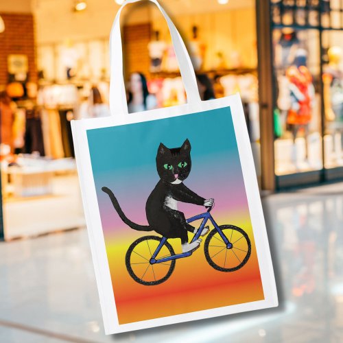 Colorful Cats on a bicycle cats on bikes tuxedo Grocery Bag