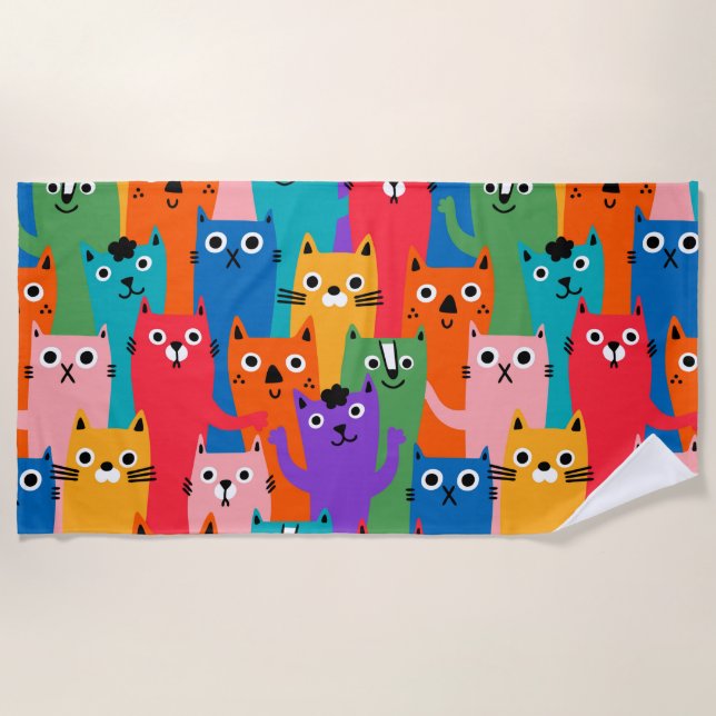 Colorful cats pattern beach towel (Front)