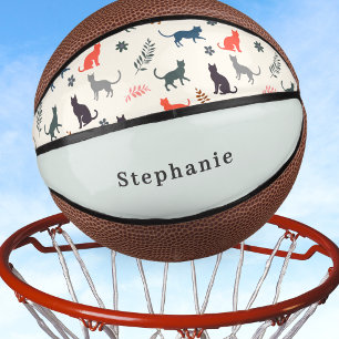 Colorful Cats Pattern Custom Name Elegant Cream Mini Basketball