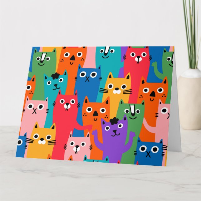 Colorful cats pattern letterpress thank you card (Front)