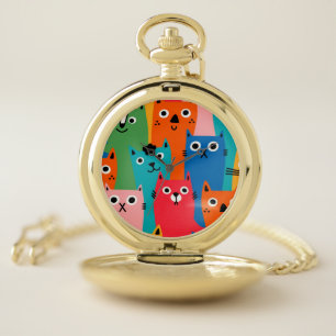 Colorful cats pattern pocket watch
