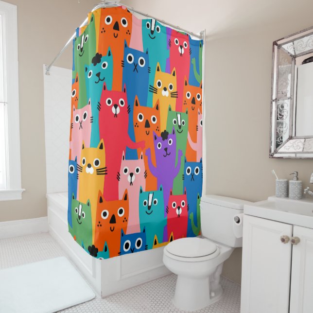 Colorful cats pattern shower curtain (In Situ)