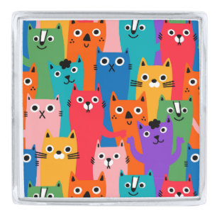 Colorful cats pattern silver finish lapel pin