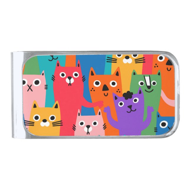 Colorful cats pattern silver finish money clip (Front)