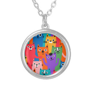 Colorful cats pattern silver plated necklace