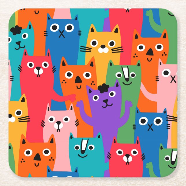 Colorful cats pattern square paper coaster (Front)