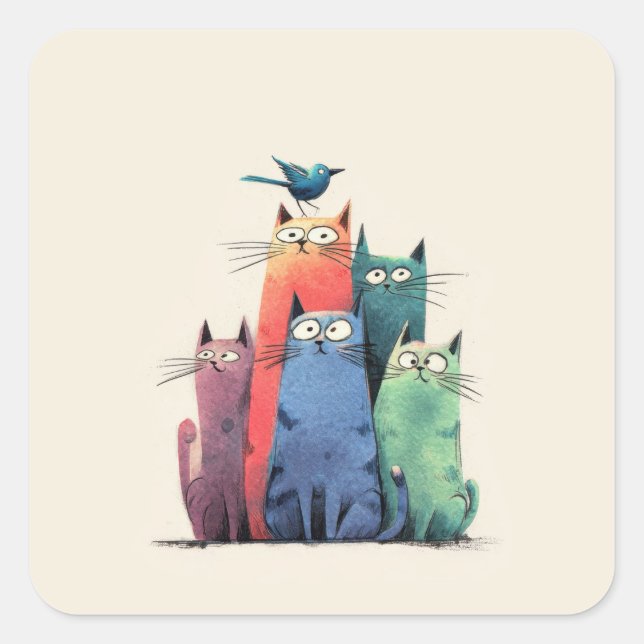 Colorful Cats Stack – Cute Whimsical Cat Art Square Sticker (Front)