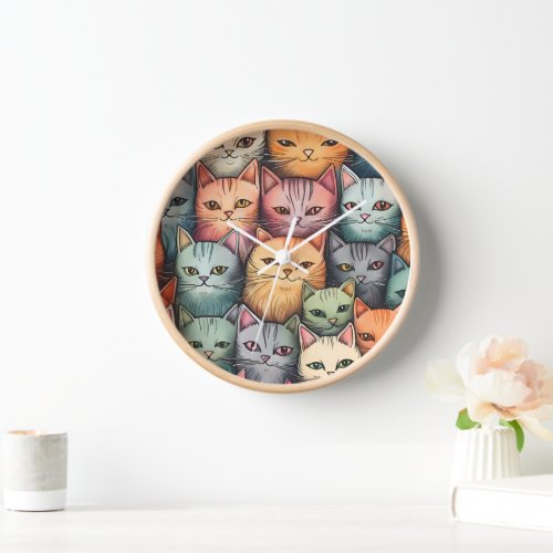 Colorful Cats Whimsical Doodle  Clock