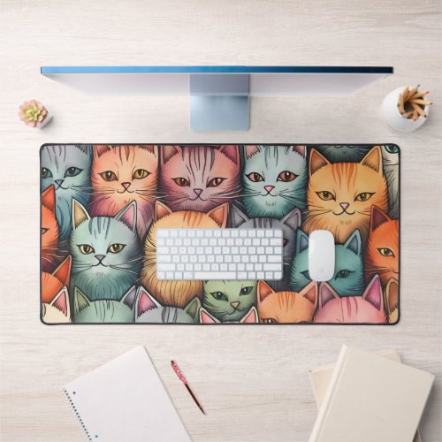 Colorful Cats Whimsical Doodle  Desk Mat