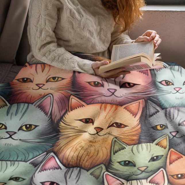 Colorful Cats Whimsical Doodle Sherpa Blanket (Cute, colorful and comfy, this super soft sherpa blanket is purr-fect for cuddling up with a book!)
