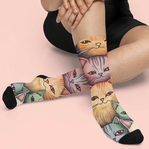 Colorful Cats Whimsical Doodle Socks