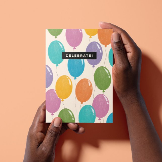 Colorful Celebrate Birthday Balloons Card ("Celebrate!" inside a black box over background colorful illustrated balloons flying upward)