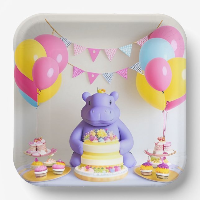 Colorful Celebration with Adorable Hippo Paper Plates (Front)
