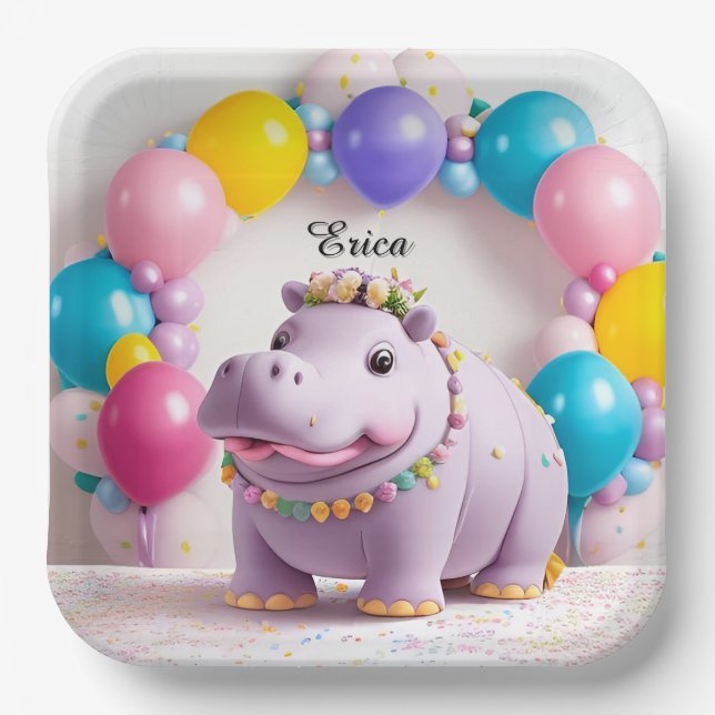 Colorful Celebration with Adorable Hippo Paper Plates (Front)