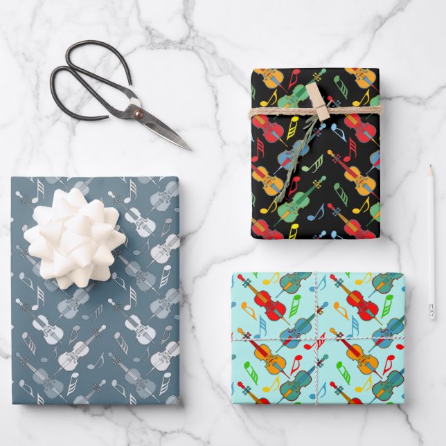 Colorful Cello Music Notes Wrapping Paper Sheets (Front)
