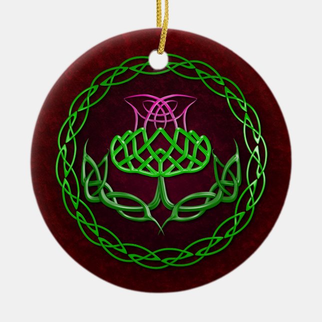 Colorful Celtic Knot Thistle Ceramic Ornament (Front)