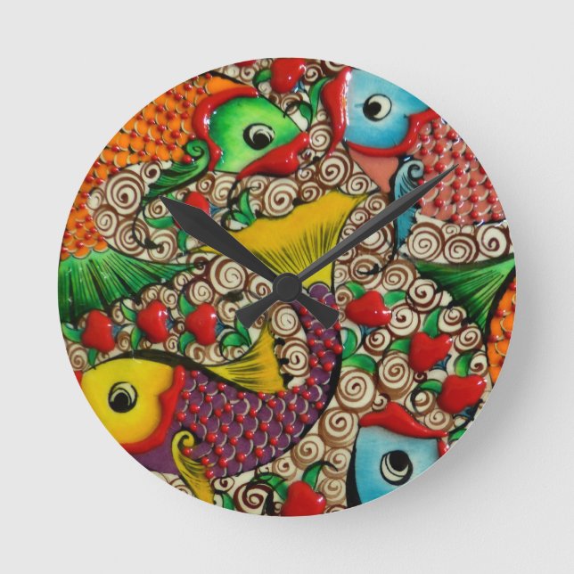 Colorful Ceramic Fish Art  Wall Clock (Front)