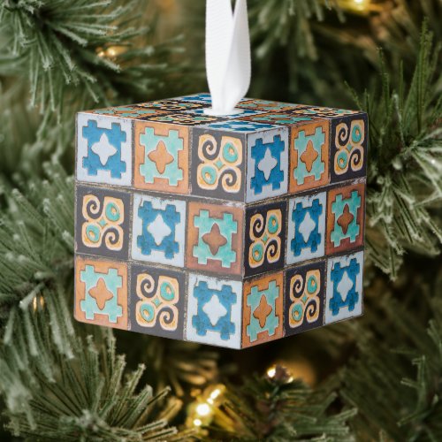 Colorful Ceramic Tiles Pattern Christmas Cube Ornament