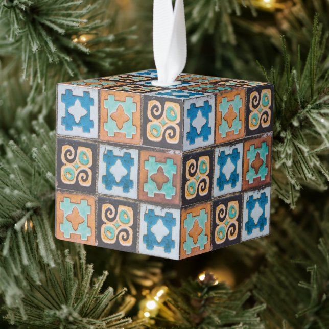 Colorful Ceramic Tiles Pattern Christmas Cube Ornament (Tree)
