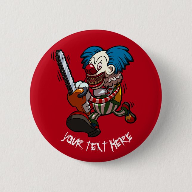 Colorful Chainsaw Clown Halloween Horror Cartoon Button (Front)