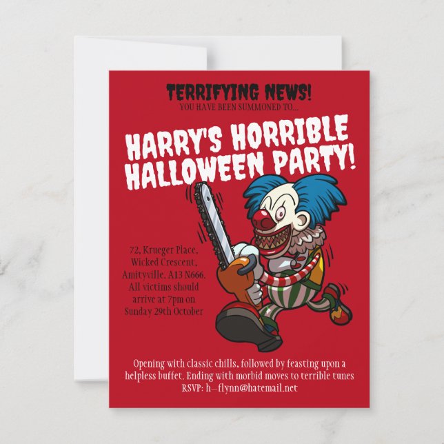 Colorful Chainsaw Clown Halloween Party Cartoon Invitation (Front)
