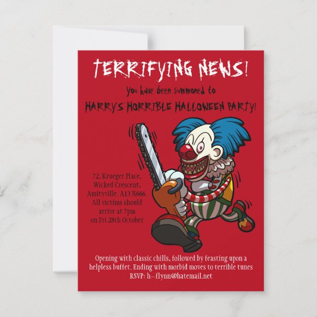 Colorful Chainsaw Clown Halloween Party Cartoon Invitation (Front)