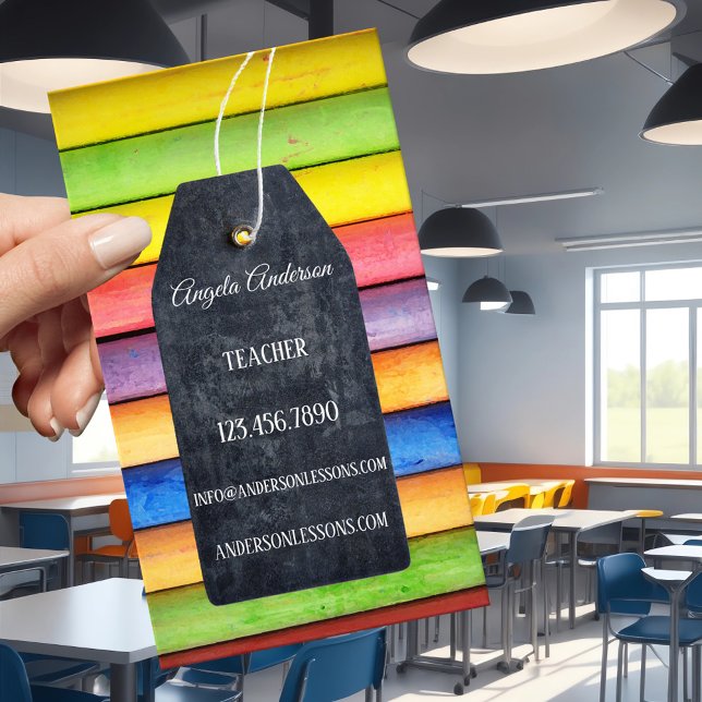 Colorful Chalk Blackboard Teacher Business Card (Teacher business card featuring a blackboard label on colorful crayons - elementary - first grade)